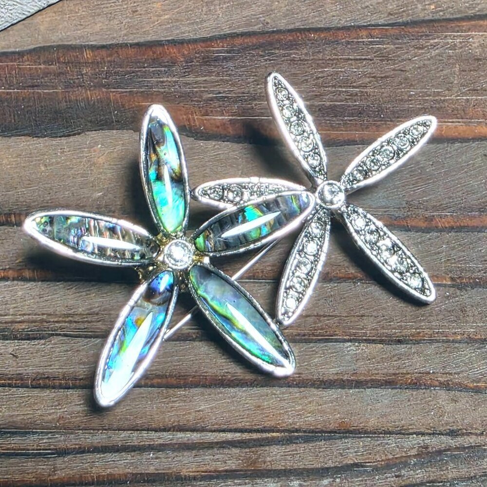 CZ Crystal Flowers Paua Abalone Shell Silver Rhodium Plate Brooch Sweater Pin - Picture 7 of 9